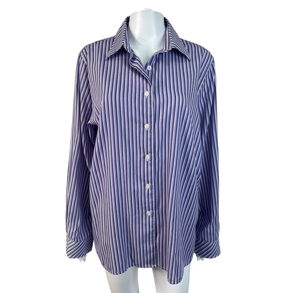 Foxcroft Womens Blouse Shirt Purple White Striped Wrinkle Free Office Size 14